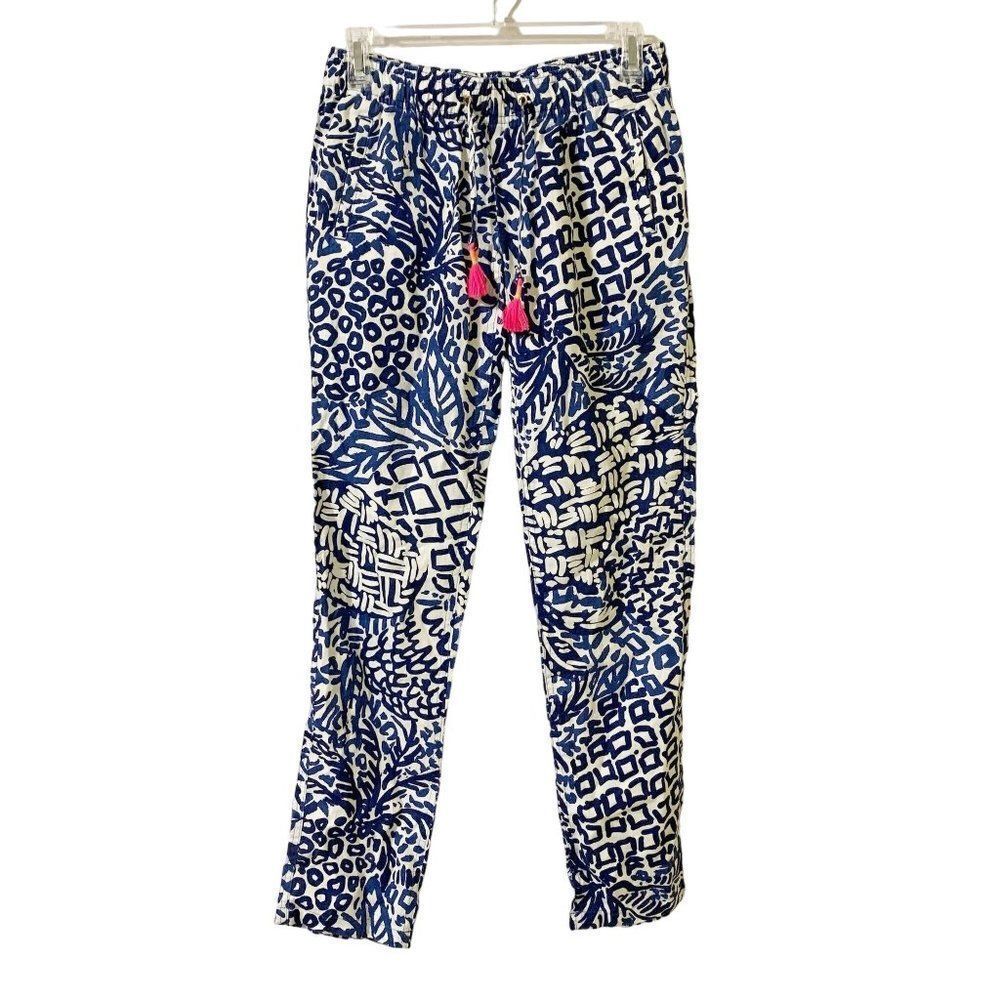 Lilly Pulitzer Size XS Aden Blue White Printed Tassel Pull On Pants Linen